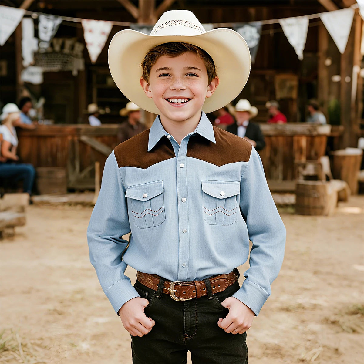 Kids Denim Shirt Boys Long Sleeve Cowboy Shirts American Vintage Pearl Snap Western Costume Spring Autumn Casual Clothing 4-14Y