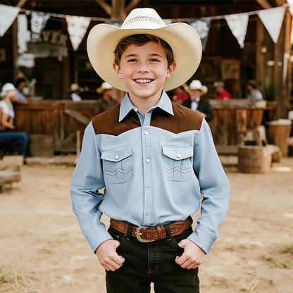 Kids Denim Shirt Boys Long Sleeve Cowboy Shirts American Vintage Pearl Snap Western Costume Spring Autumn Casual Clothing 4-14Y