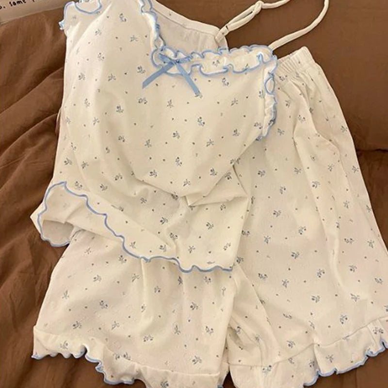 Girls Sweet Floral Pajamas Female With Chest Pad Camisole Vest Home Wear Suit