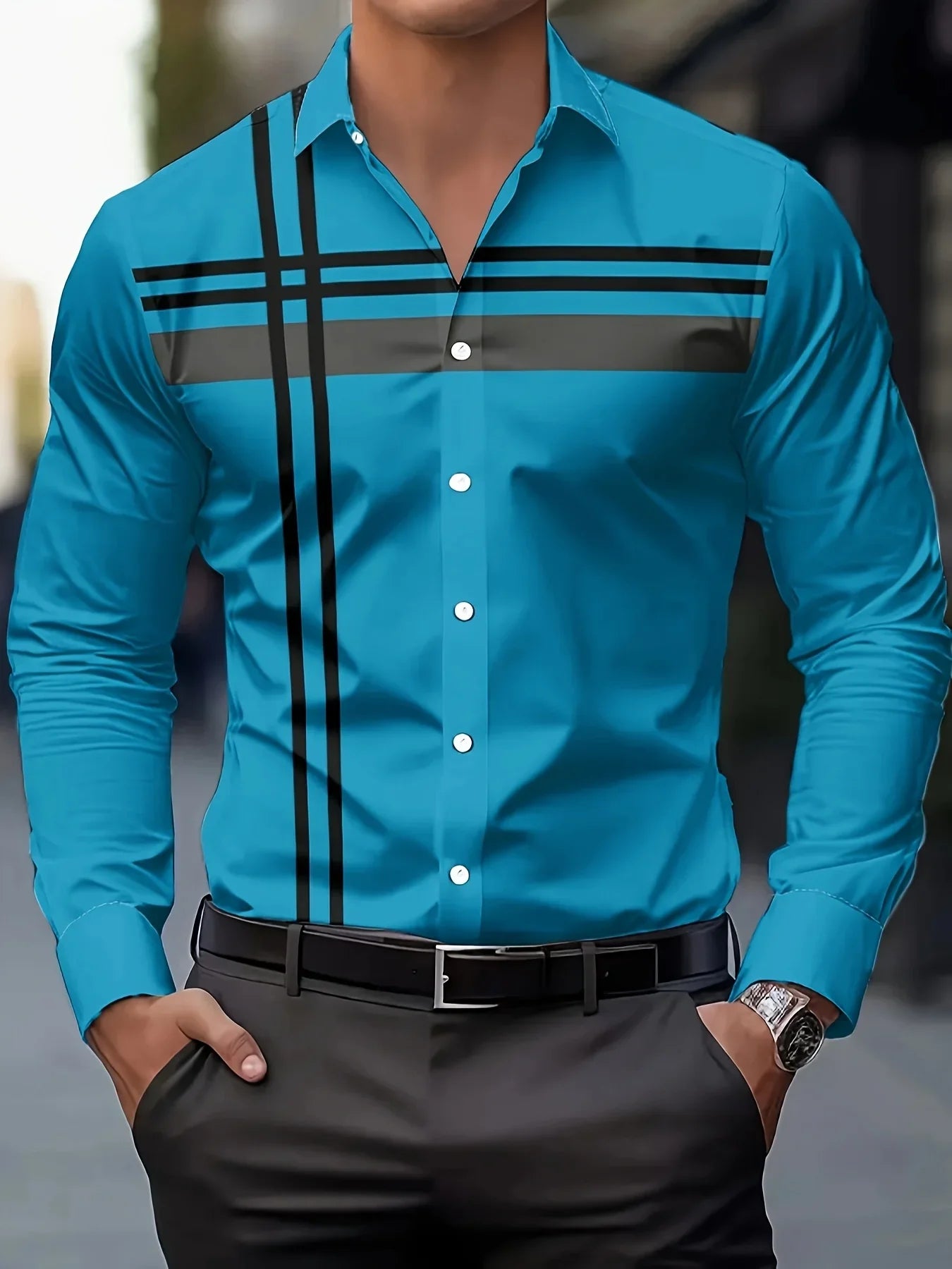 Men's Casual Dress Shirt with Modern Striped Design Regular Fit Long Sleeve Button-Up, Machine Washable for Spring Fall Office
