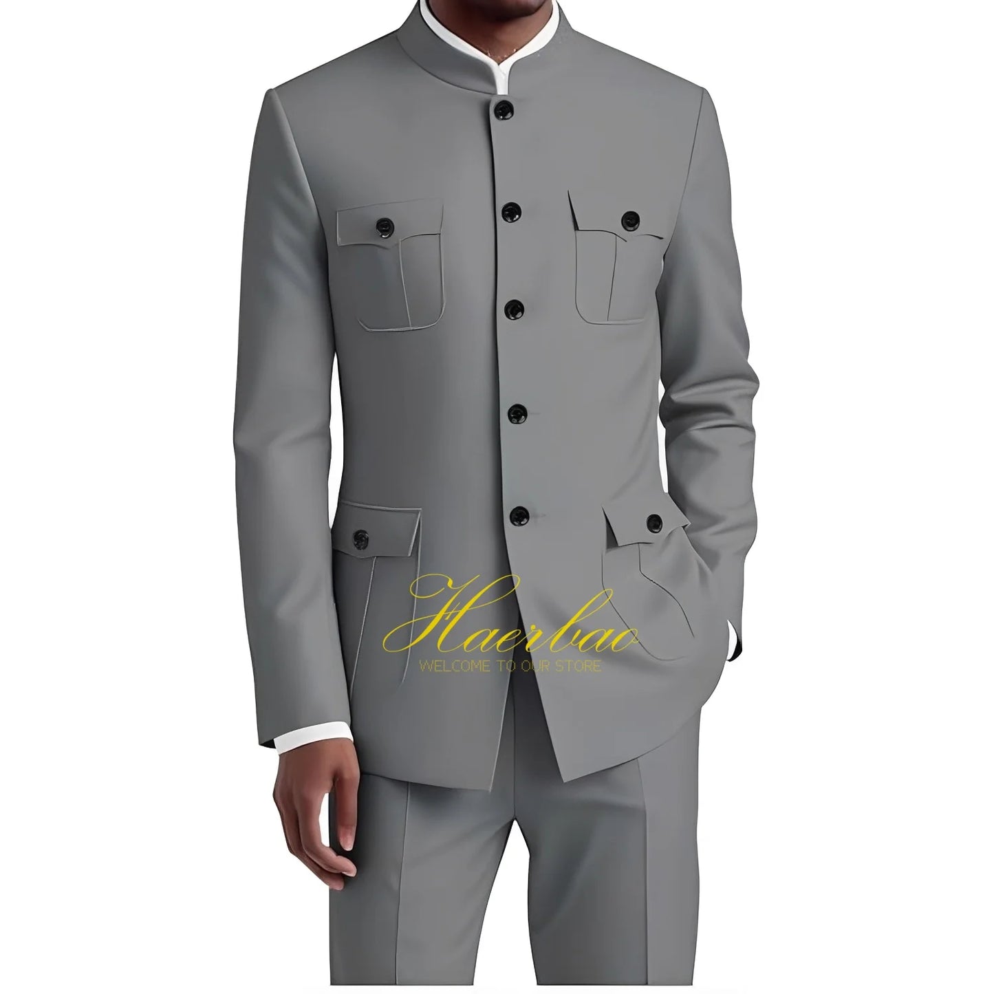 Men's Chinese Tunic Suit Formal 2 Piece Suits for Men Collar Jacket Slim Fit 4 Pocket Blazer Wedding Men Suits Tuxedo