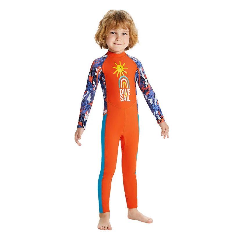 Boys Girls One-Piece Swimsuits Swimwear Long Sleeve Wetsuits Bathing Suit Beachwear Sun Protection(Including Swimming Cap)