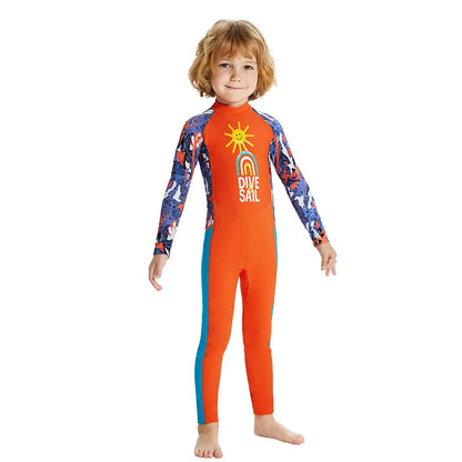 Boys Girls One-Piece Swimsuits Swimwear Long Sleeve Wetsuits Bathing Suit Beachwear Sun Protection(Including Swimming Cap)