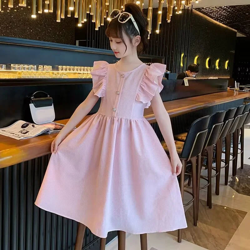 New Girls Summer Dress Kids Casual Sleeveless Clothes Gown Princess Children Elegant Costumes Teen Flying Sleeves Dresses 5-14Y