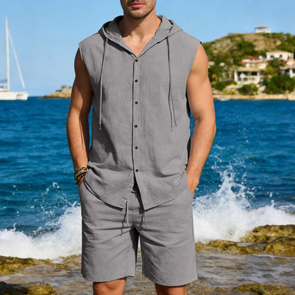 Men's two-piece linen hooded set sleeveless cardigan hoodie & knee-length shorts suitable for casual summer beachwear