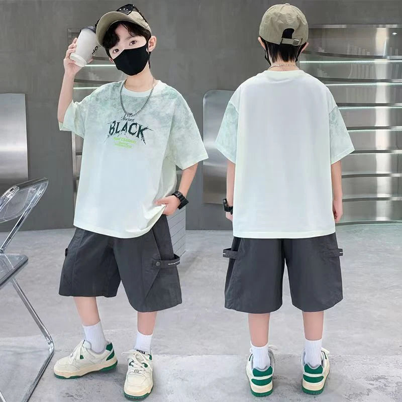 Teen Boys 2 Piece Summer Outfit Tie Dye Crewneck T-Shirt and Casual Cargo Shorts Set Big Kids Fashion Daily Street Outings Wear