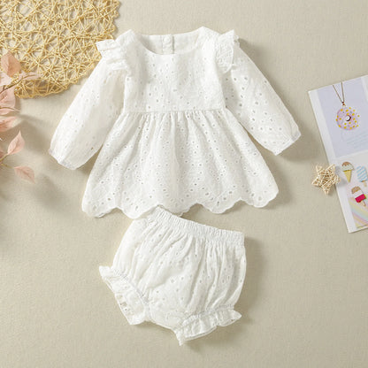 Baby Girls Clothes Set Spring Summer Toddler Solid Color Round Neck Long Sleeve T-Shirt Tops And Elastic Casual Ruffle Shorts