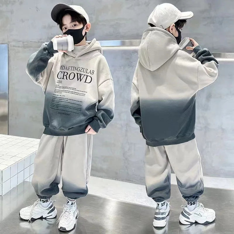 Teenage Boy Clothes Set Spring Letter Gradient Sweatshirt Pullover and Pants Suit Children's Boys Top and Bottom 2pcs Tracksuit
