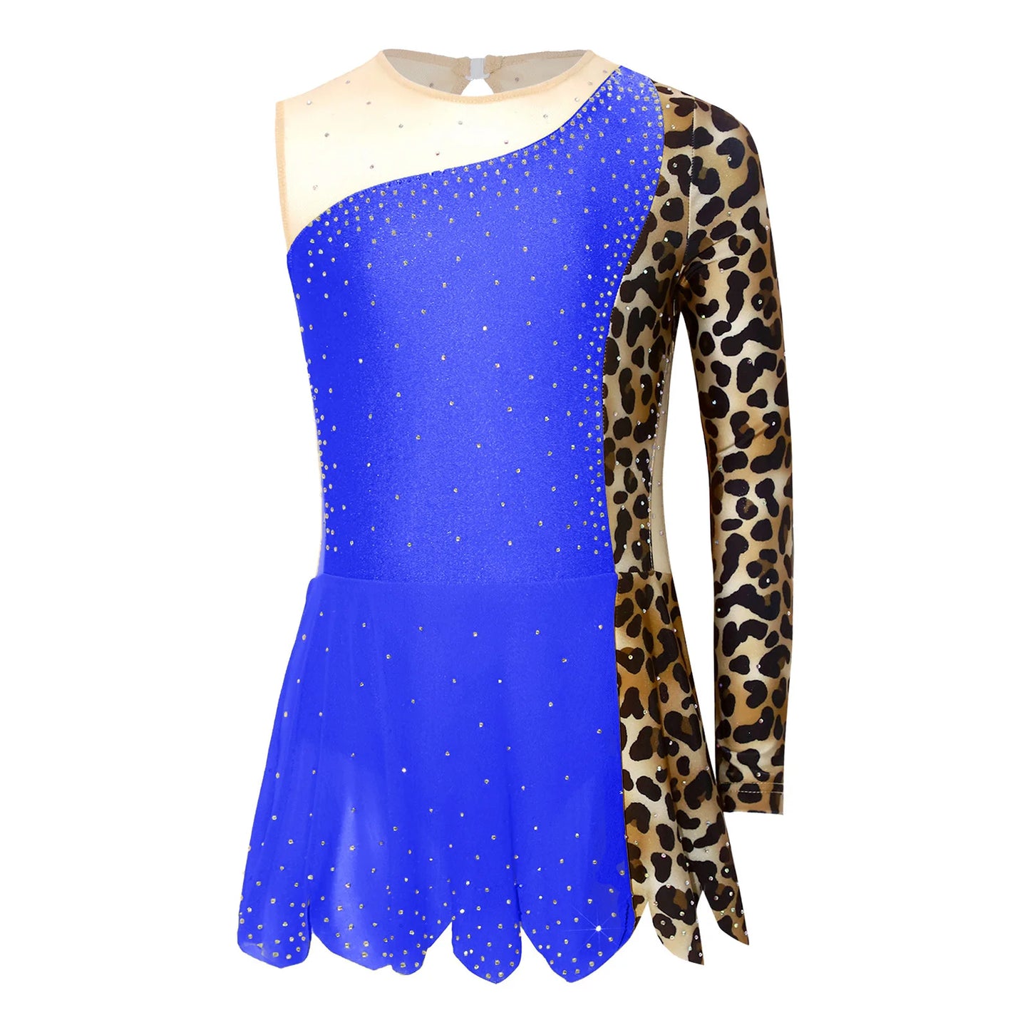Teens Girls Lyrical Dance Dress Skating Rhythmic Gymnastics Costume Contrast Color Asymmetrical Split Rhinestones Leotard Dress