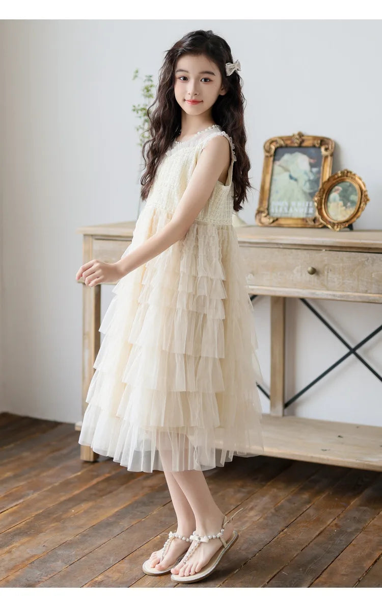 Tulle Tiered Dress for Girls 2026 New Summer Sleeveless Vest Princess Dress Daily Party Holiday Beige Teenage Children Clothes
