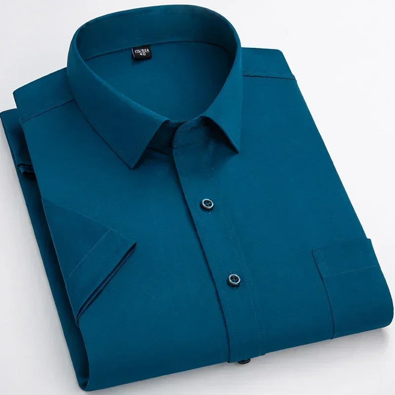 Men’s Business Short Sleeve Shirts Elegant Plain Stretch No Iron Office Formal Dress Shirt Casual Standard Male Workwear Shirt