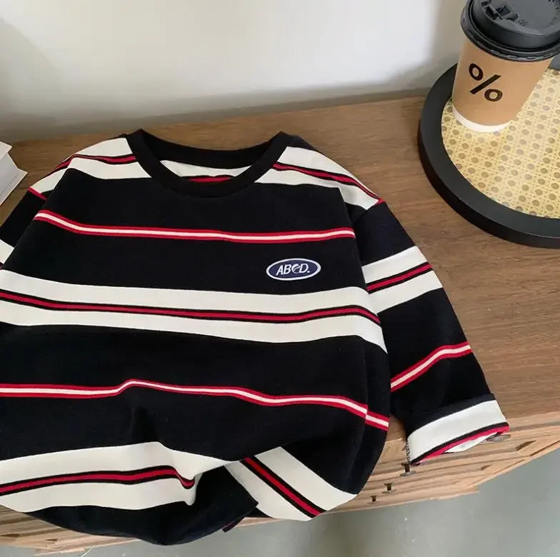 Children Girls Long Sleeves Shirts 2-7 years Bottoming Cool Boys Stripe Cotton T-shirt Teen Loose Casual 2-7y Kids Top Clothes