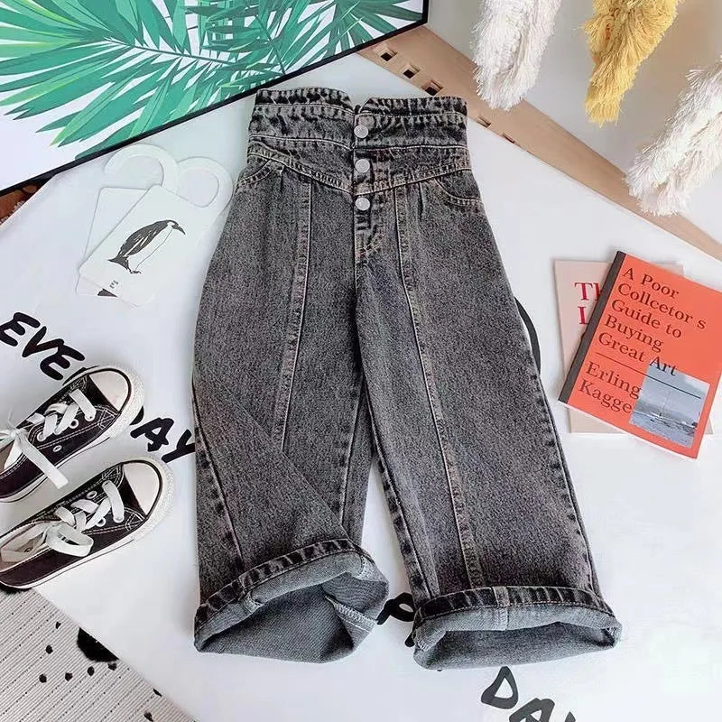 Girls Ightweight Jeans Long Pants Stylish Children's Straight Pants Toddler High-Waist Jeans Long Pants Kids Casual Versatile