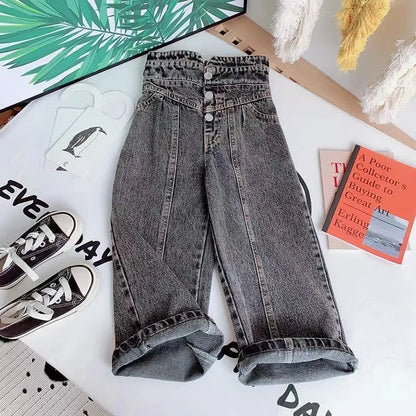 Girls Ightweight Jeans Long Pants Stylish Children's Straight Pants Toddler High-Waist Jeans Long Pants Kids Casual Versatile