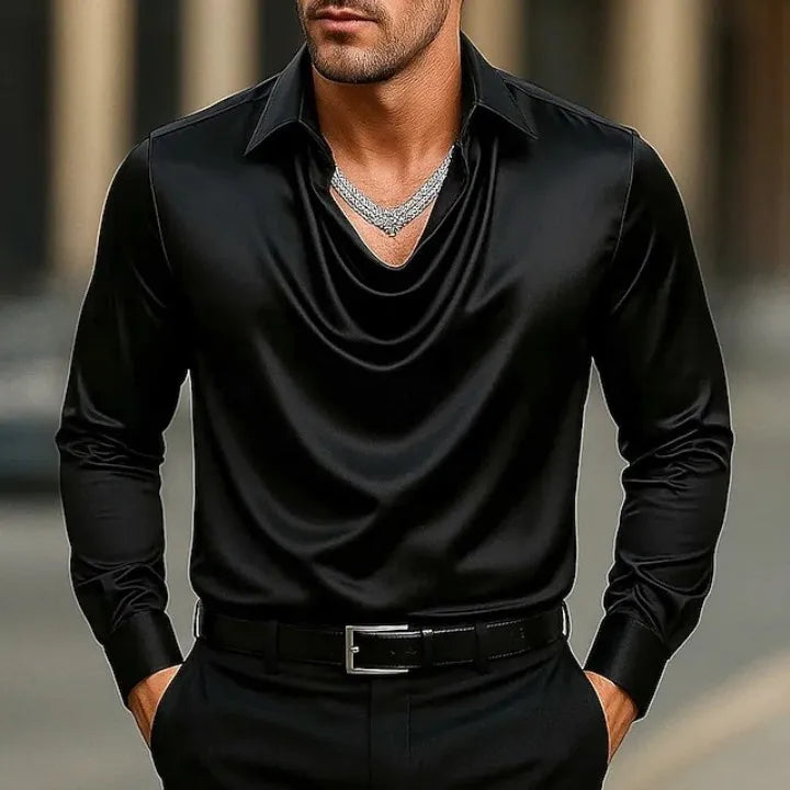 Casual Men Satin Silky Dress Shirts Long Sleeve Social Single Breasted Turn-Down Collar Shirts Wedding Party Men clothes