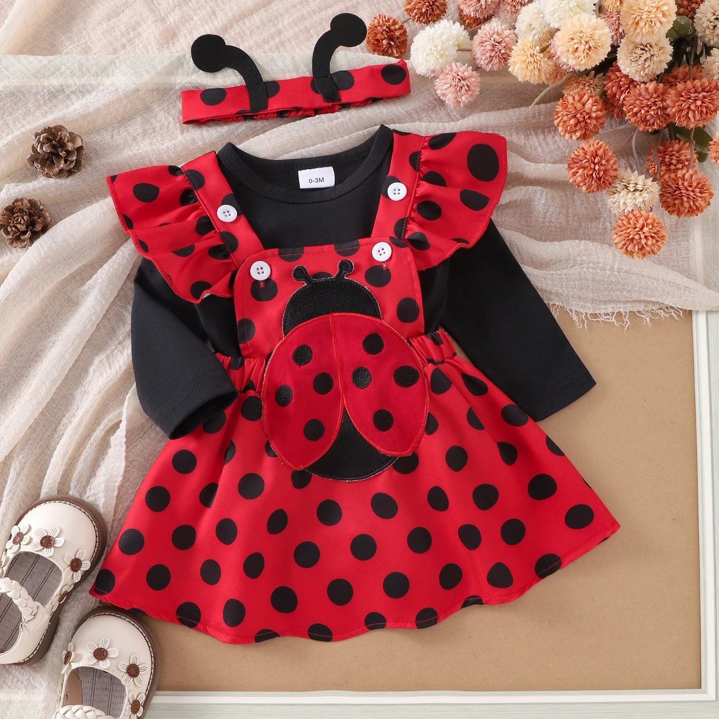 Cute Baby Girls Clothes Sets Flying Sleeve Romper Bee/Beetle Embroidery Suspender Dress Headband Sets Kids Costume