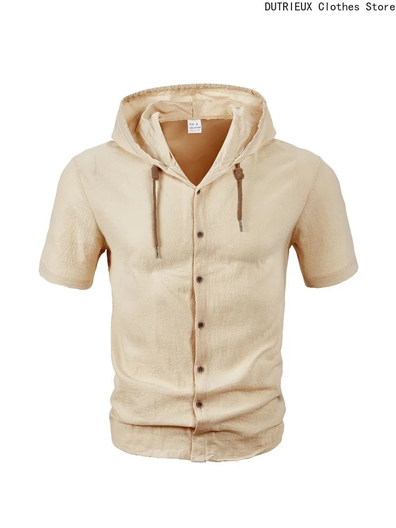 Men Summer Hooded Shirt Casual Solid Color Button Down Short Sleeve Hoodies Tops for Beach Vacation Streetwear Mens Linen Shirt.