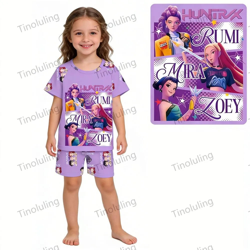 Girls Pajamas Sets Kids Toddler 3 to 8 10 11 12 Years Kpop Demon Hunters Summer Pjs Tops+Shorts Two Pieces Pijamas Sleepwear Set