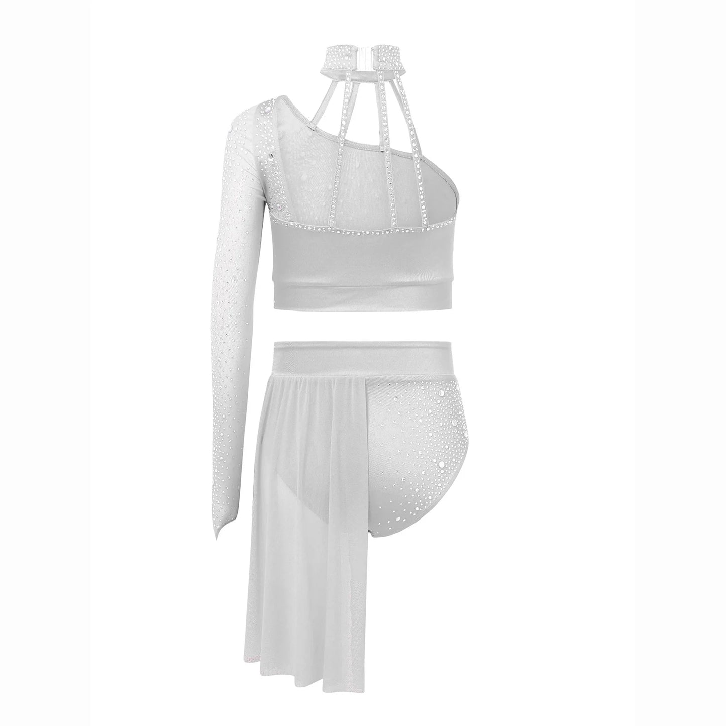 Girls Lyrical Dance Outfit One Shoulder Rhinestone Crop Top with Skirts Modern Contemporary Ballet Gymnastics Skating Dancewear