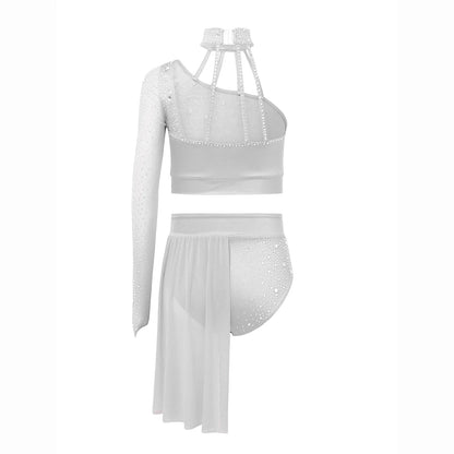 Girls Lyrical Dance Outfit One Shoulder Rhinestone Crop Top with Skirts Modern Contemporary Ballet Gymnastics Skating Dancewear