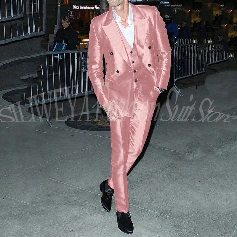 Men's 3 Piece Suit Sets Luxury Red Satin Men Notch Lapel Double-Breasted Suit Blazer+Vest+Pants Customed for Business & Weddings
