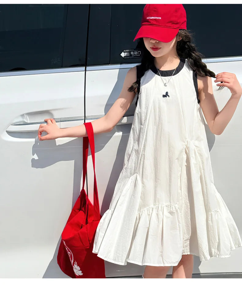 New Summer Girls Princess Dress Kids Sleeveless Dress with Ruffles Design Dresses for Teen Child Casual Vacation Beach Dress