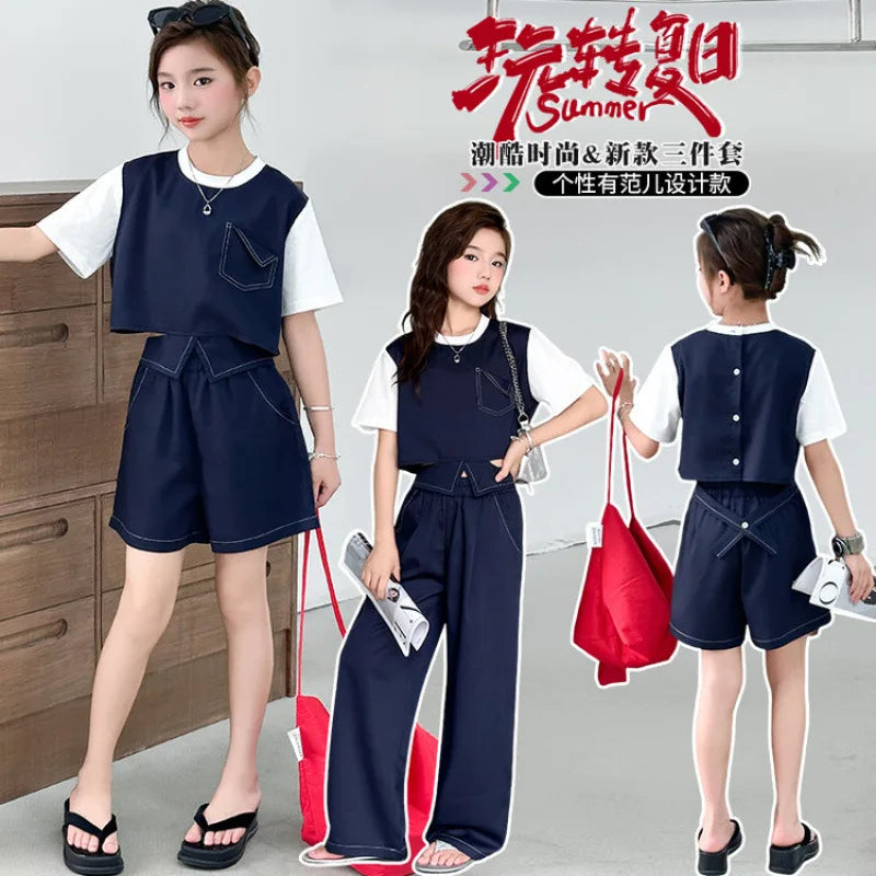 summer teen girls clothes set Rear buckle Splicing T-shirt+Flip over wide leg pants 2pcs junior kid suit child Pantsuits outfits