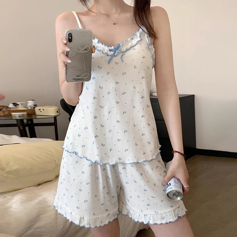 Girls Sweet Floral Pajamas Female With Chest Pad Camisole Vest Home Wear Suit