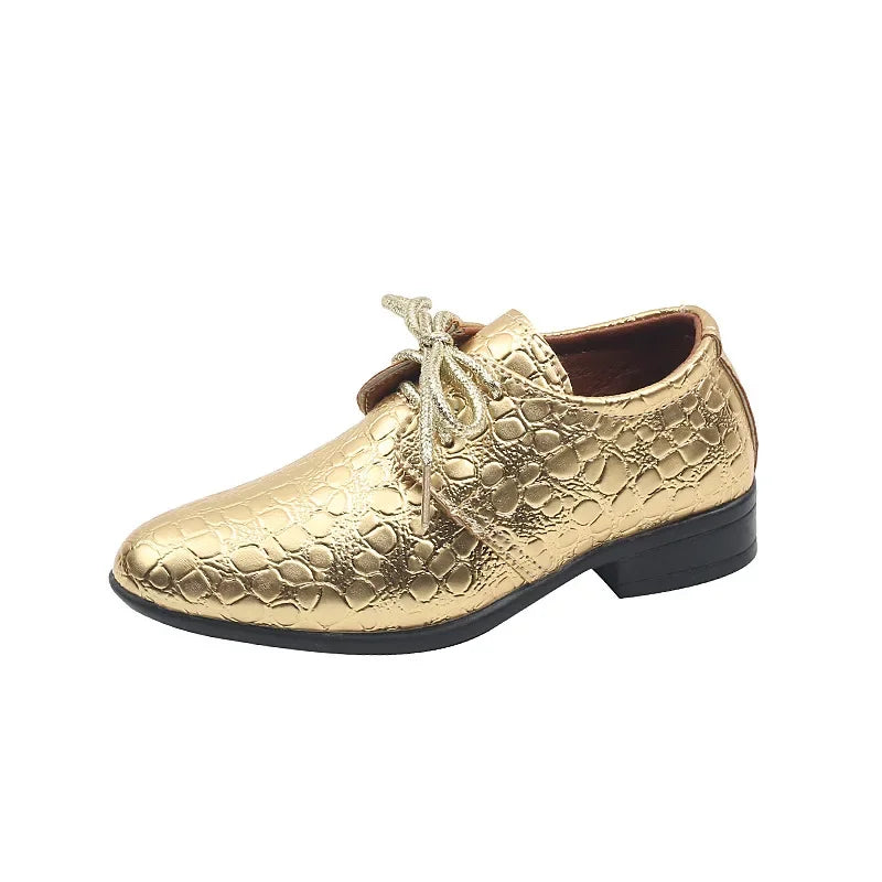 Boys Leather Shoes Pointed Toe Children Performance Shoes Low Heels British Style School Kids Shoes Gold Lace Up Casual Loafers