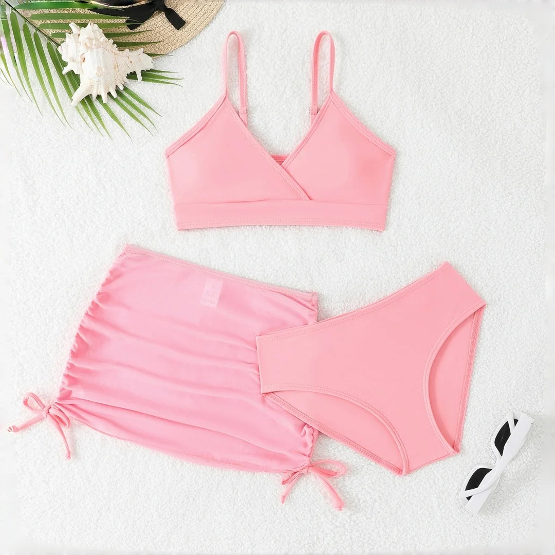 New Teen Girls' Summer Beach Swimwear With Chiffon Skirt Bikini 3pcs Set for Teenager Girls Bathing Suit Kids Swimsuit For 8-12Y