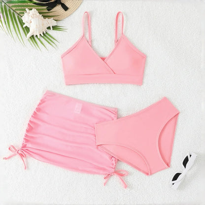 New Teen Girls' Summer Beach Swimwear With Chiffon Skirt Bikini 3pcs Set for Teenager Girls Bathing Suit Kids Swimsuit For 8-12Y