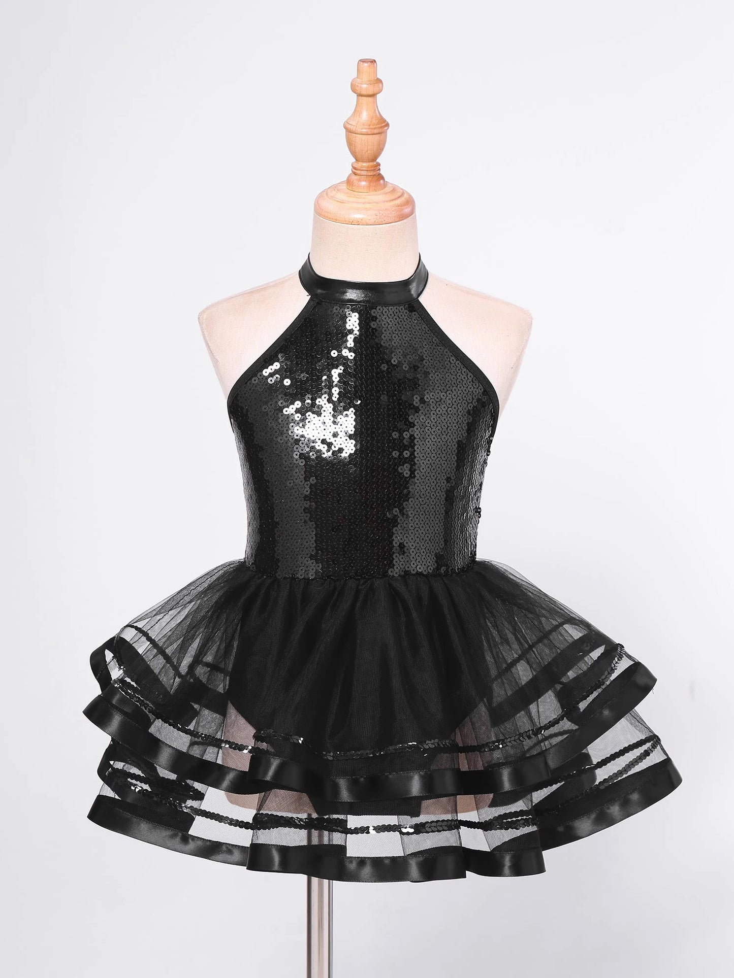 Girls Teens Shiny Sequin Tulle Dress for Ballet Latin Jazz Lyrical Dance Dresses Sleeveless Halter Neck Leotards Tutu Dress