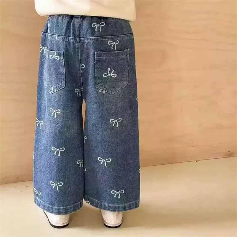 Girls Bow Wide Leg Jeans Autumn New Kids Loose Straight Denim Pants Toddler Casual Trousers Children Fashion Clothing 1-6Y