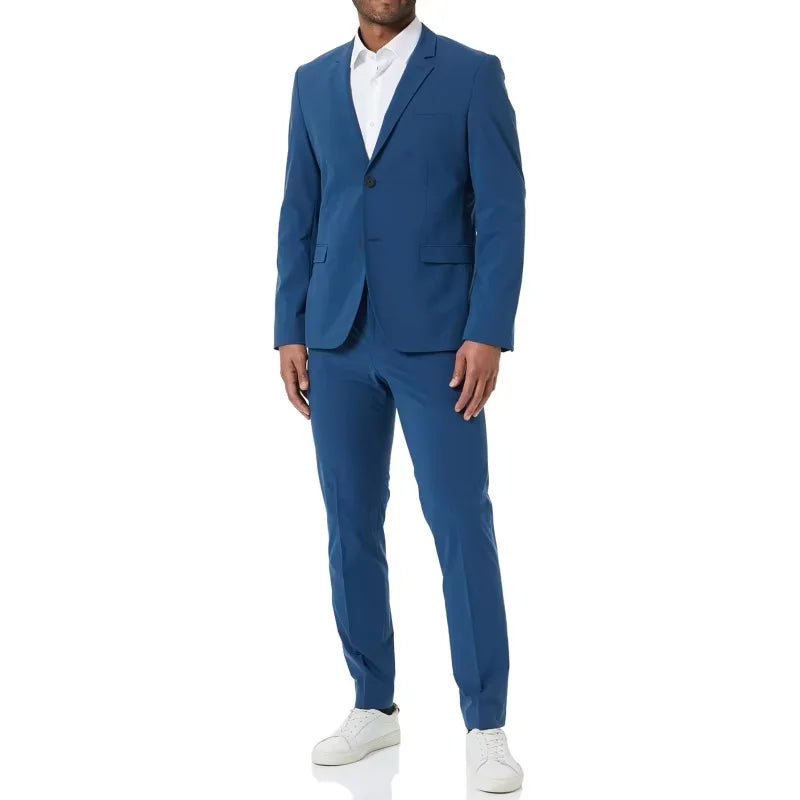 Men's classic fitted suit two-piece business/wedding double button formal suit (jacket+pleated trousers) groom's office suit