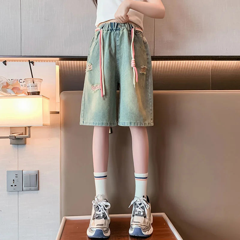 Teen Girls Knee-Length Denim Shorts Kids Elastic Waist Summer Ripped Shorts Pants For Teenager Casual Outfit Age 5 To 14 Years
