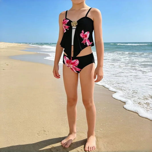 Teen Girl Swimsuit 2pcs Black Tankini Sets Girls Separate Swimwear for 7-16 Years Children Bathing Suit Metal Floral Beach Wear