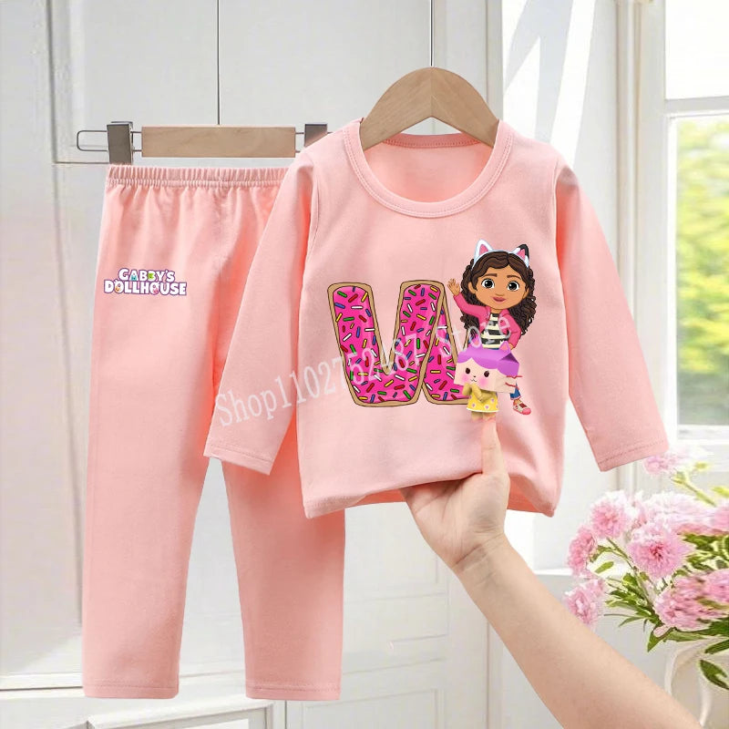 Gabby Dollhouses Pajamas Pants Set Girls Cute Letter A-Z Nightwear Trousers Kids Winter Home Clothes Children Long Sleeves Gift