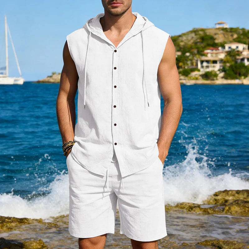 Men's two-piece linen hooded set sleeveless cardigan hoodie & knee-length shorts suitable for casual summer beachwear