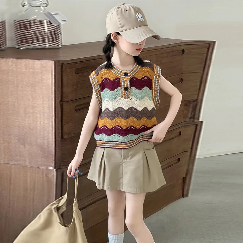 Girls Wave Pattern Summer Sweater + Skirt Clothing Set Kids Child High Quality Streetwear Knitted Top and Bottom Clothes Set