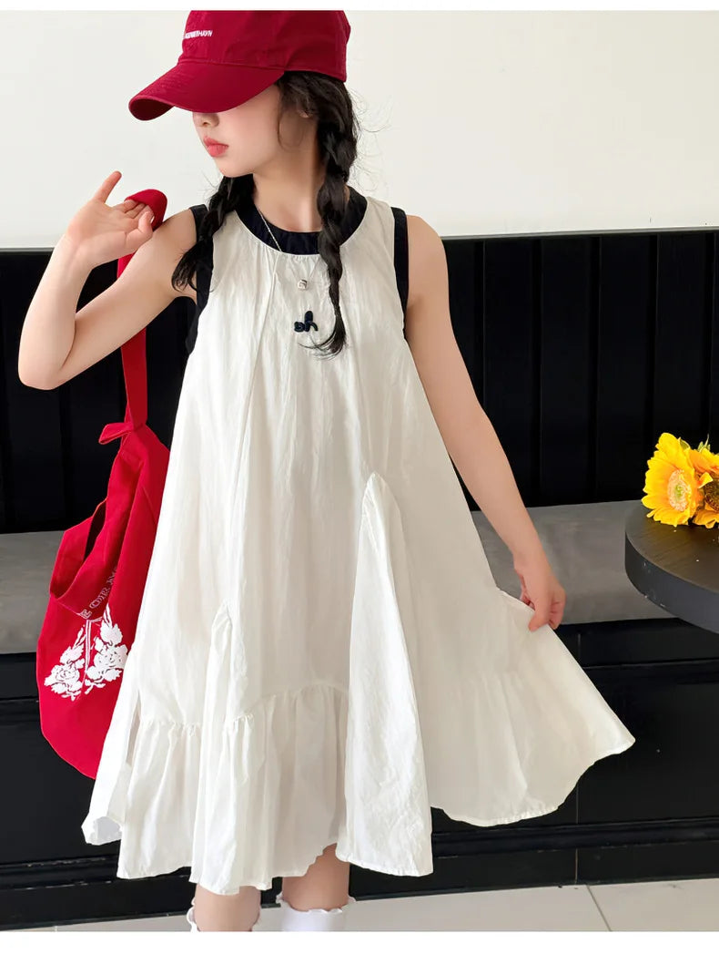 New Summer Girls Princess Dress Kids Sleeveless Dress with Ruffles Design Dresses for Teen Child Casual Vacation Beach Dress