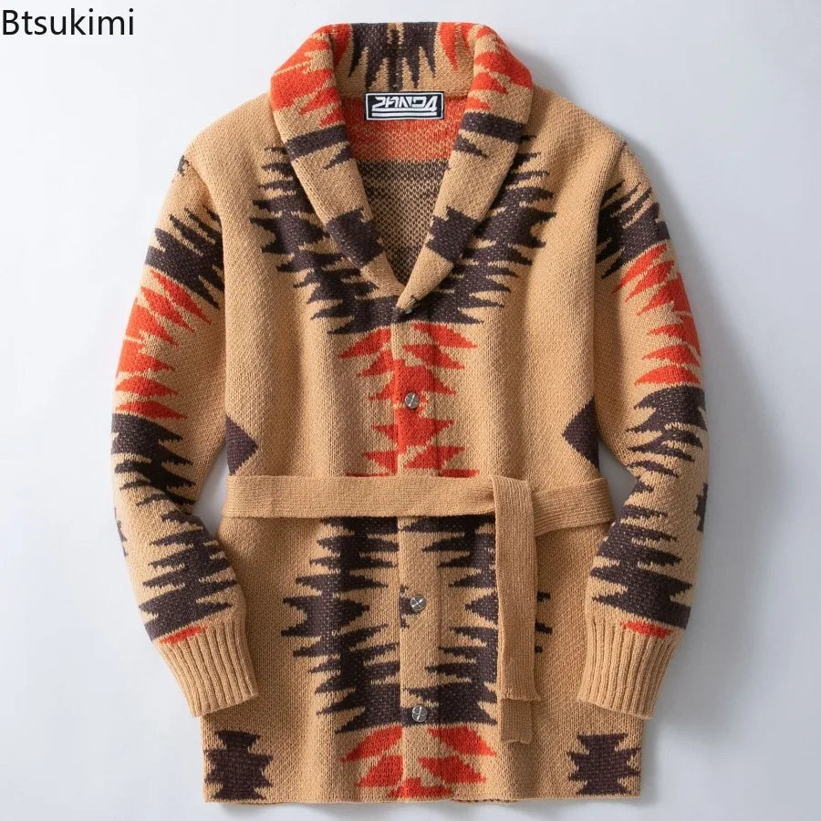 Men Sweaters Vintage Striped Thicken Knitted Buttons Lace-up Cardigan Sweaters Fashion Jacquard Mid-length Sweater Coats for Men