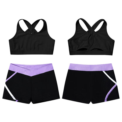Kids Girls Dance Gymnastics Outfits Ballet Crop Top with Shorts Tracksuit Set 2 PCS Yoga Sports Workout Summer Girl Clothing