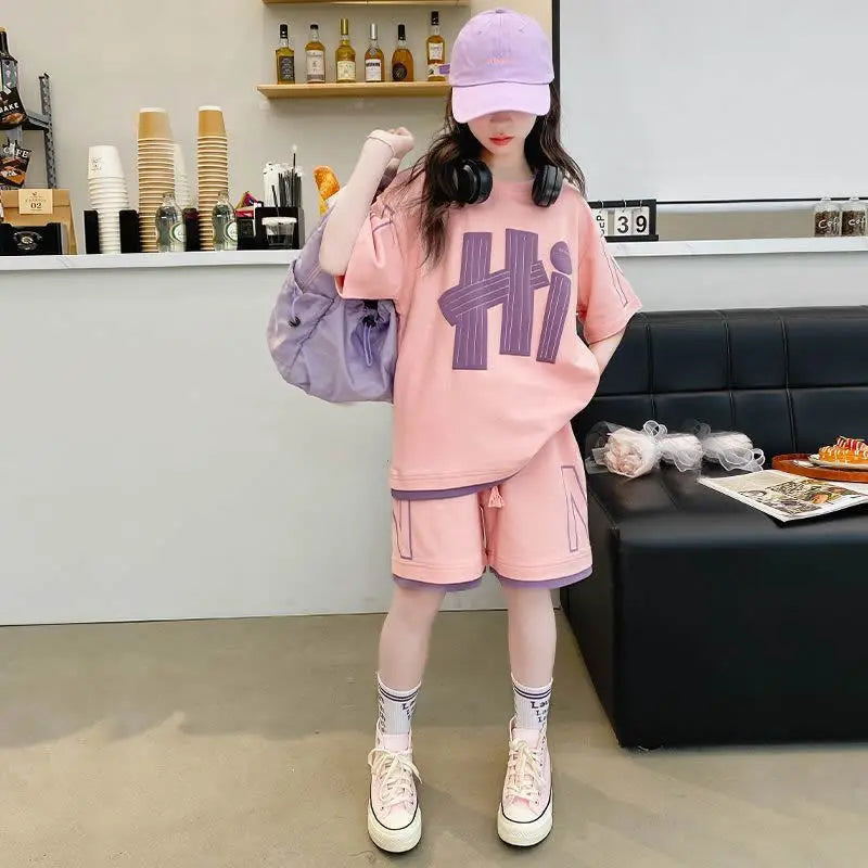 Girls' Shorts Set 2026 Summer New Kids' Suits Teenager Loose Short-Sleeve T-Shirt Outfits Children's Print Clothing Two-Piece