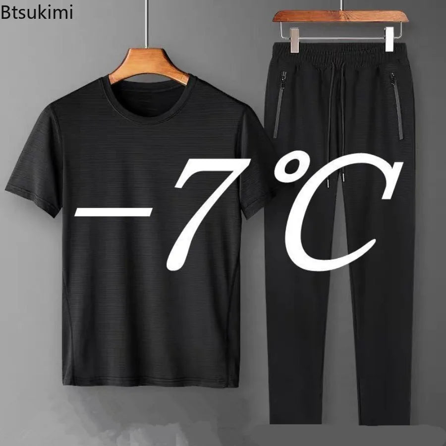 Summer Sports Suit Men's Trendy Short Sleeved Pants Two-piece Set Solid Color Casual Ice Silk Mesh Air-conditioned Pants for Men