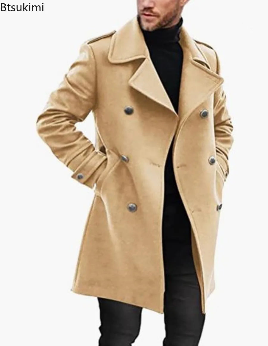 New Men's Woolen Coats Fashion Double-breasted Lapel Mid-length Jacket Solid Thicken Warm Overcoat Autumn Winter Men Trench Coat