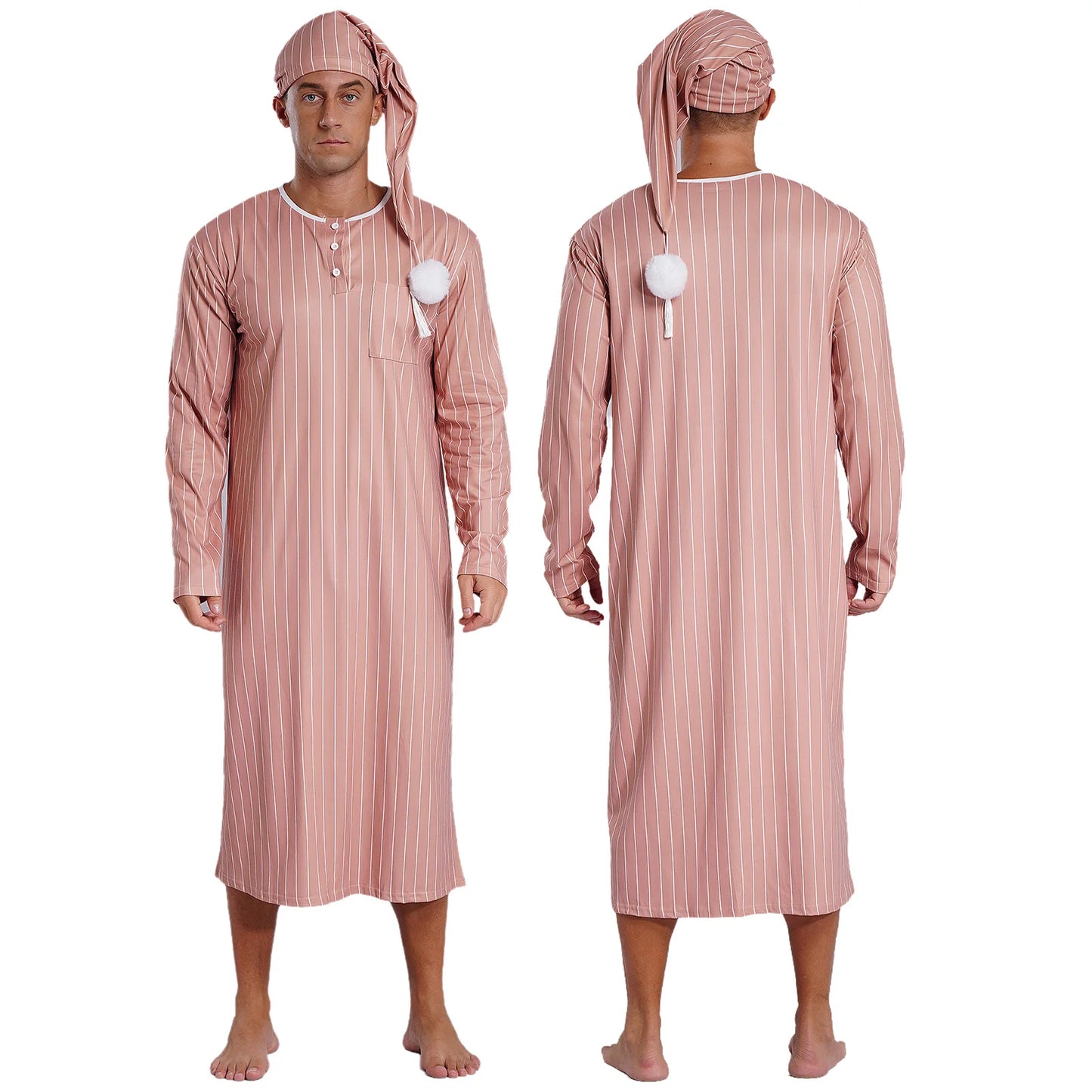 Men Sissy Sleep Robe Nightwear Long Sleeve Striped Night Dress with Adjustable Hat Nightdress Muslim Pajamas Sleepwear Homewear