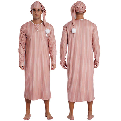 Men Sissy Sleep Robe Nightwear Long Sleeve Striped Night Dress with Adjustable Hat Nightdress Muslim Pajamas Sleepwear Homewear