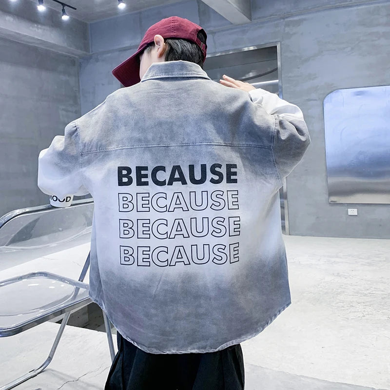 Loose Teenage Boy Gray Gradient Denim Shirt Jacket For Child Age 5 6 7 8 9 10 11 12 13 14 Years Kids Casual Spring Clothing Coat