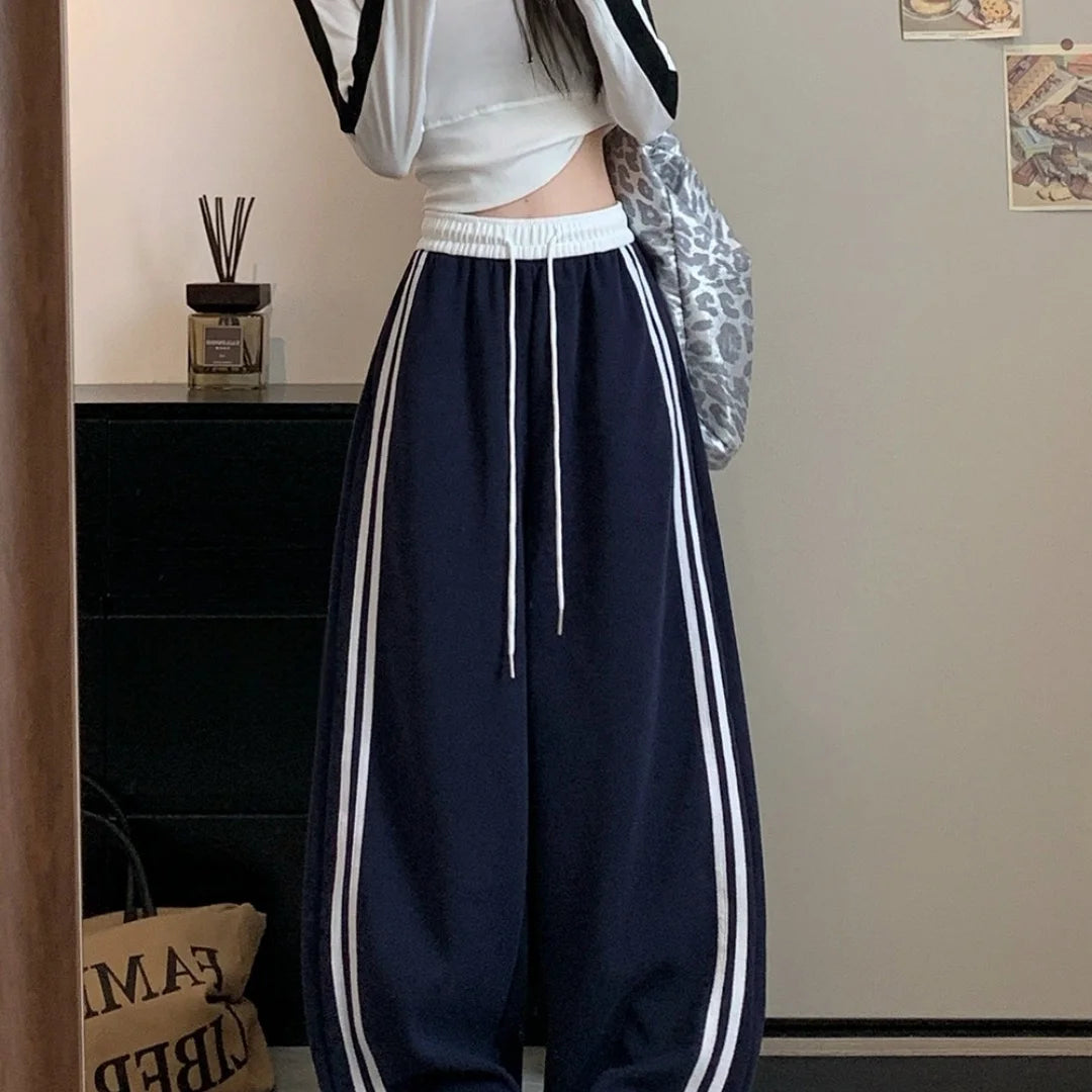 Girls Sweatpants Elastic Waist Drawstring Side Double Striped High Waist Loose Fit Wide Leg Straight Cut Casual Pants Streetwear