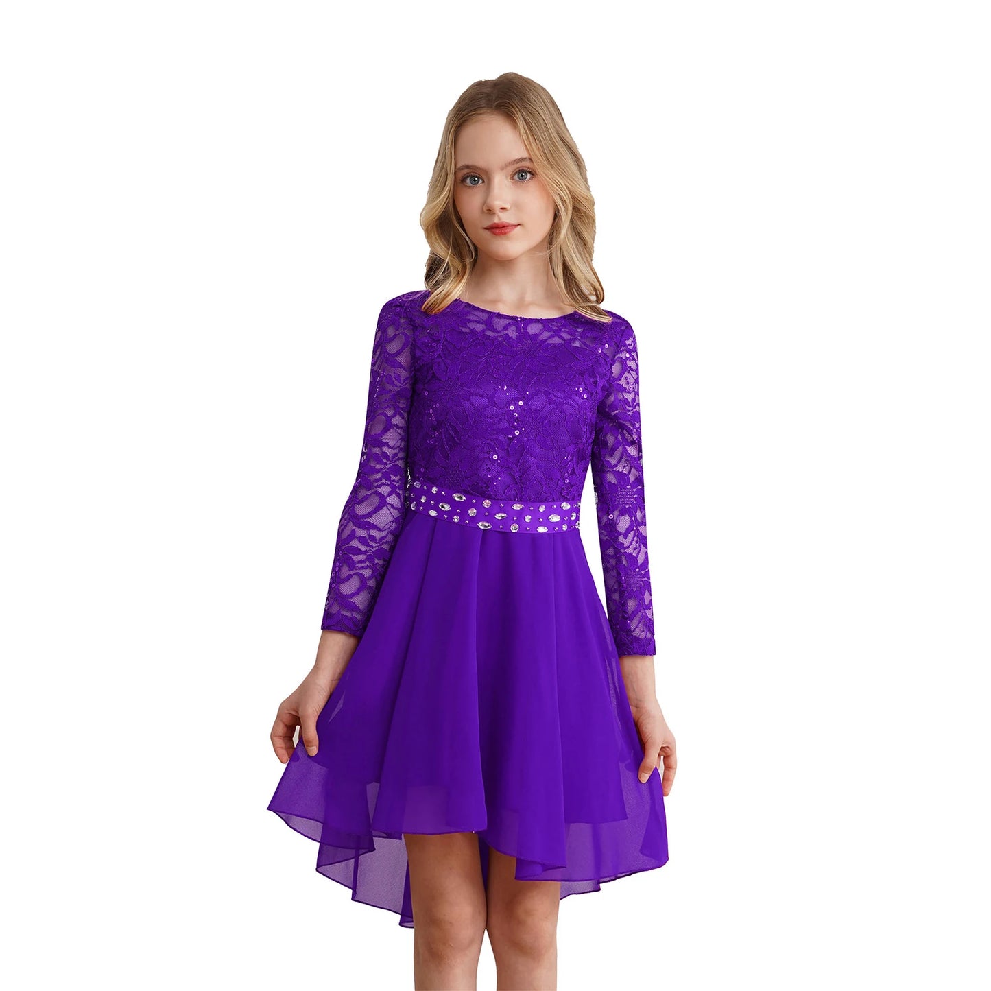 Teen Girls Elegant Scoop Neck Floral Lace Formal Wedding Party Dress Flower Girls Long Sleeve High-Low Chiffon Bridesmaid Dress